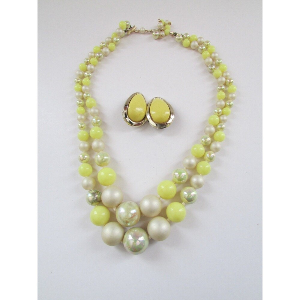 Vtg Yellow/Cream  Double Row Beaded 20" Necklace/Matching Tear Clip On Earrings